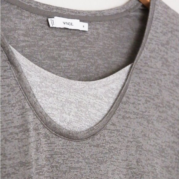 Vince Layered Two Tone Long Sleeve Tee Top M Round Neckline Curve Hem Sleek Slim - Picture 8 of 15